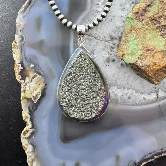 Sterling Silver Large Teardrop Druzy Quartz Double Sided Fashion Pendant - Picture 2 of 9